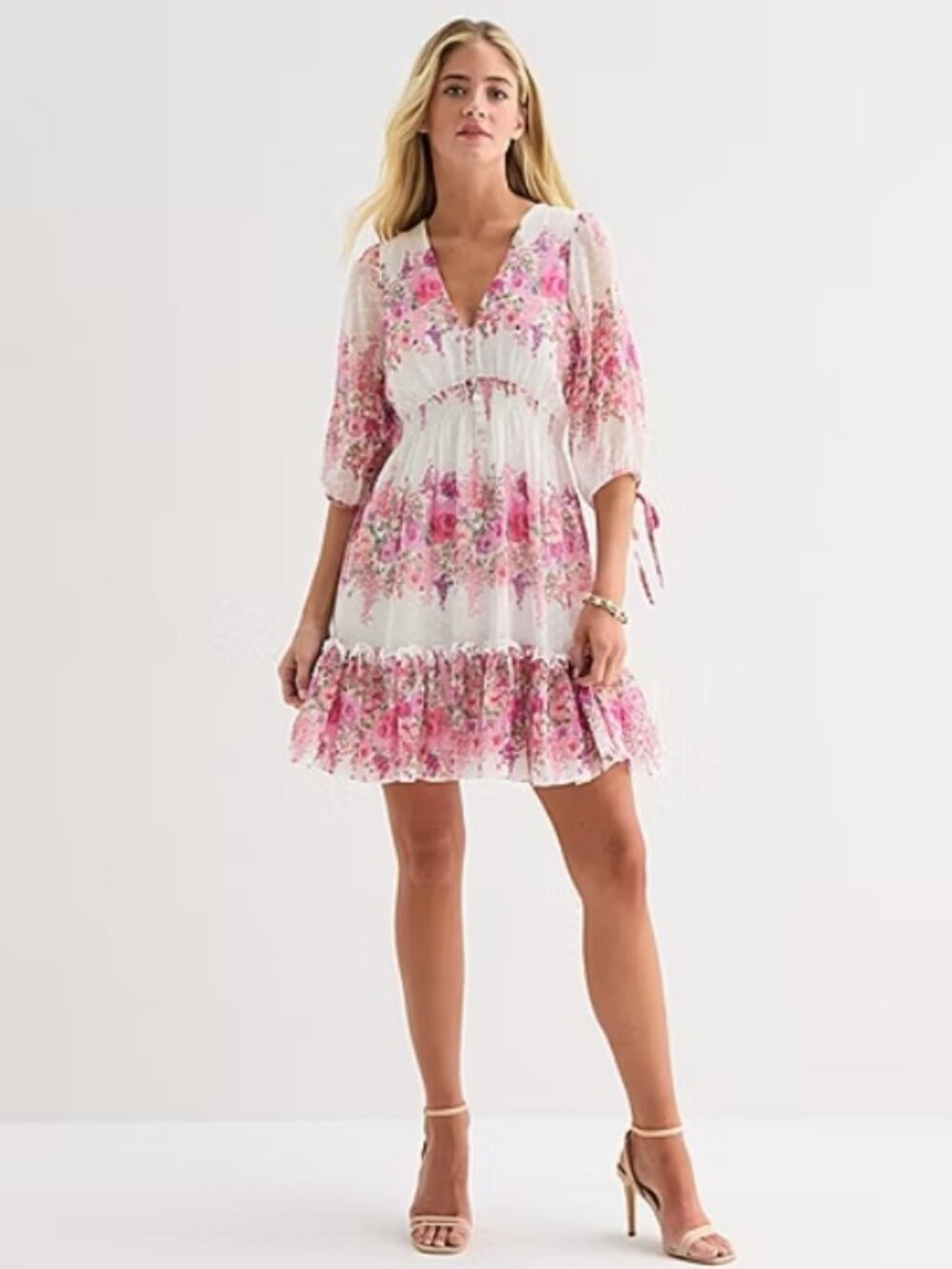 Melonie T Womens V Neck 3/4 Sleeve Floral Fit + Flare Dress Size 10